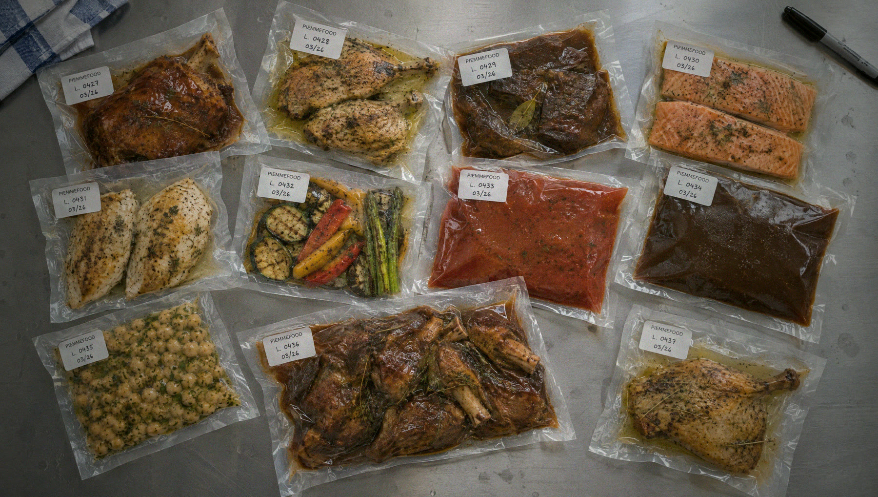 Porzioni sottovuoto di carne, pesce, verdure e salse, in fila sul tavolo inox