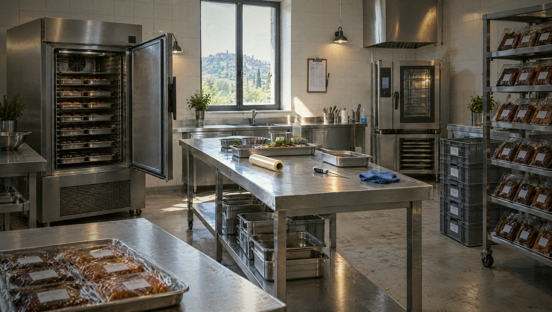Laboratorio di produzione con tavoli inox, abbattitore e porzioni sottovuoto